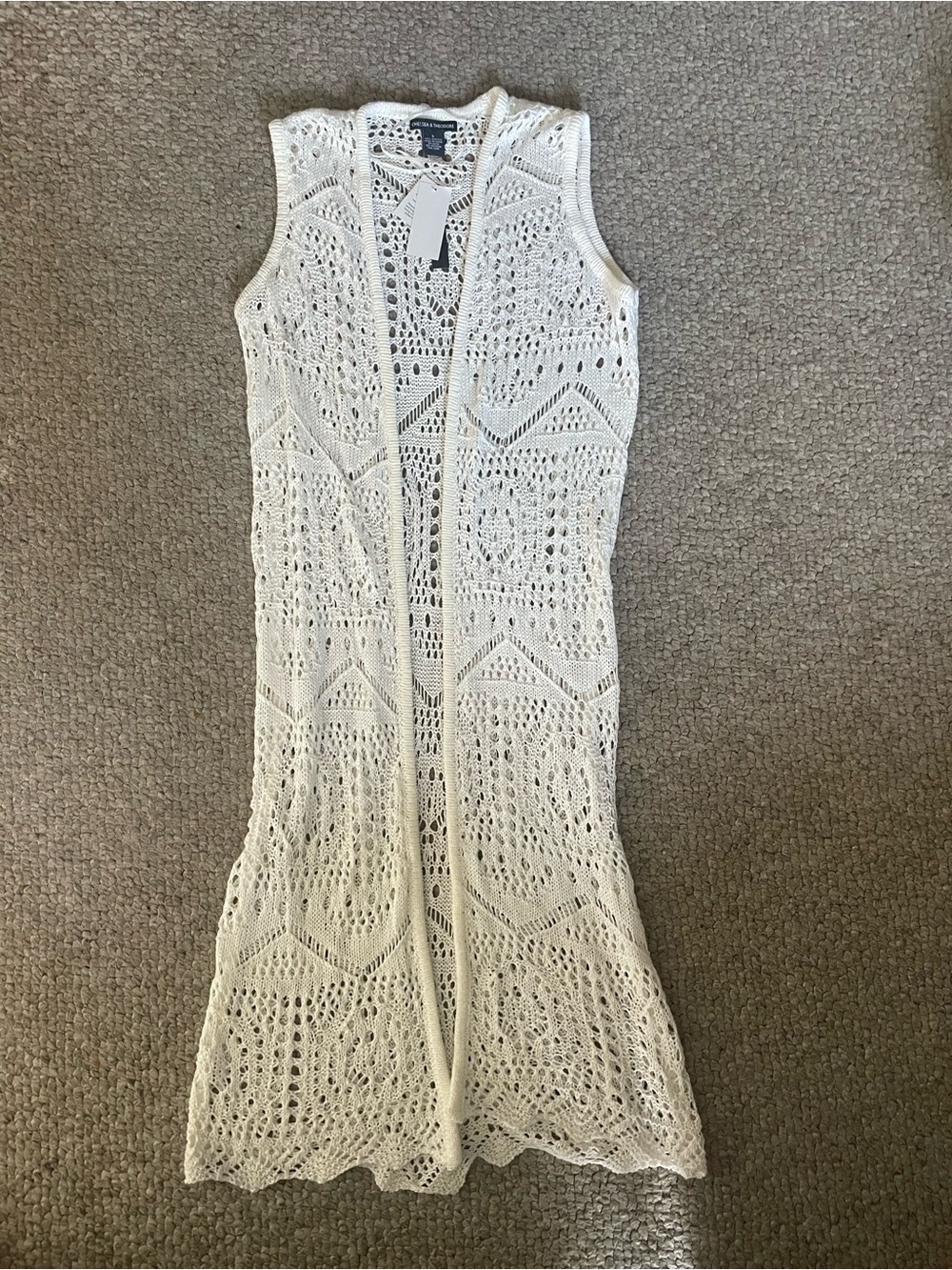 Chelsea & Theodore White Crochet Open-Front Sleeveless Duster Vest